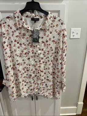 Fred David Cream Button-Down Blouse with Rust Floral Print